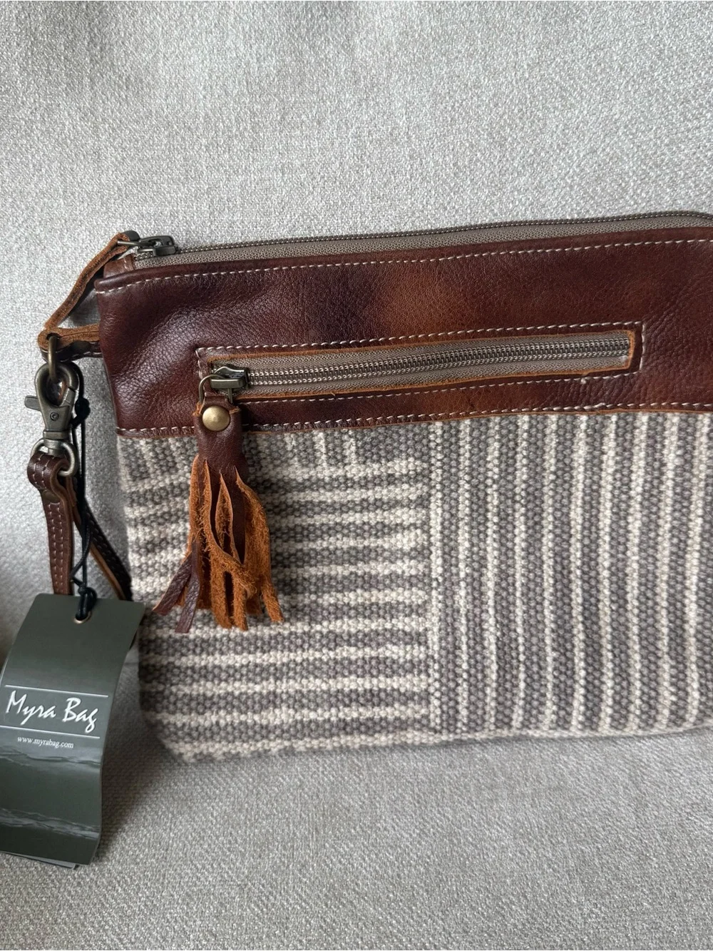 Myra Bag Brown Leather & Beige Gray Woven Wristlet Clutch with Tassel